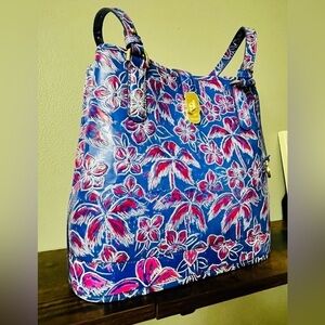 Brahmin Fiora Shoulder Bag Vista Blue Floral Embossed Leather NWT